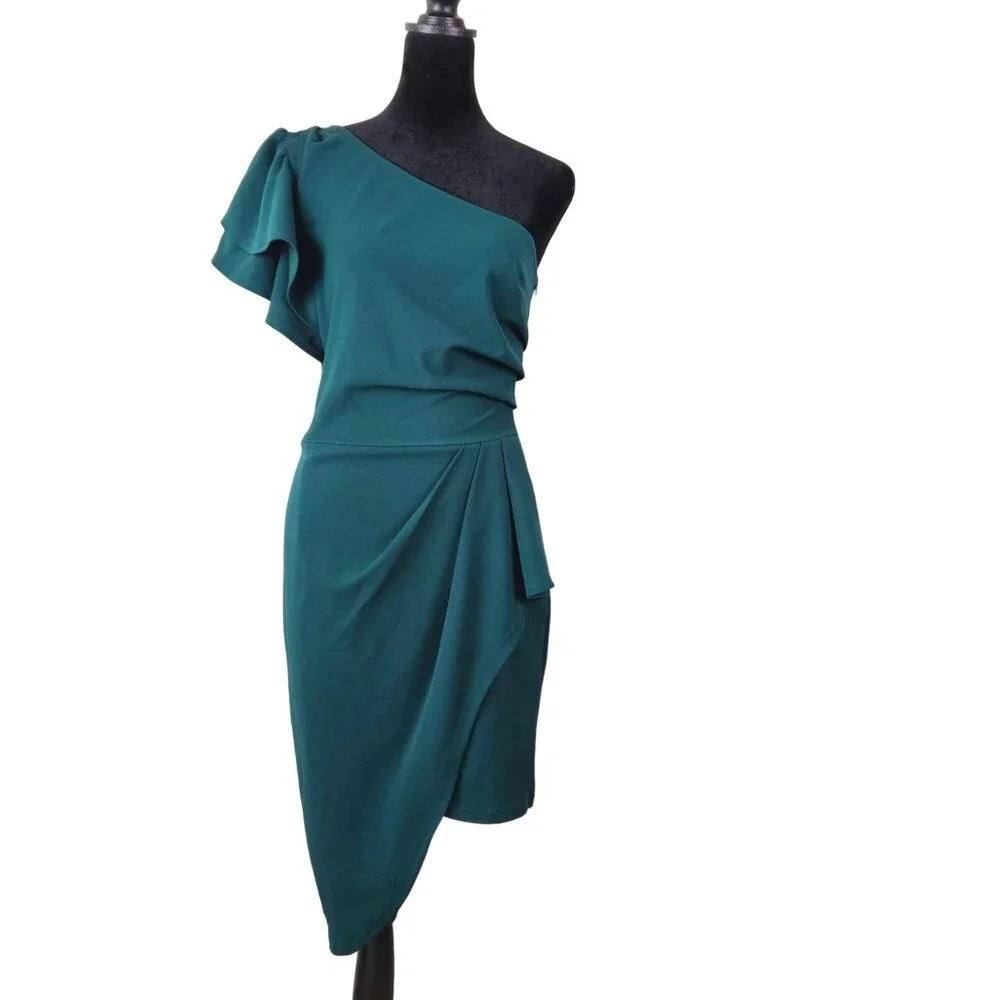 Womens Elegant Asymmetrical Dark Green One-Shoulder Ruffle Dress Size Small Sexy